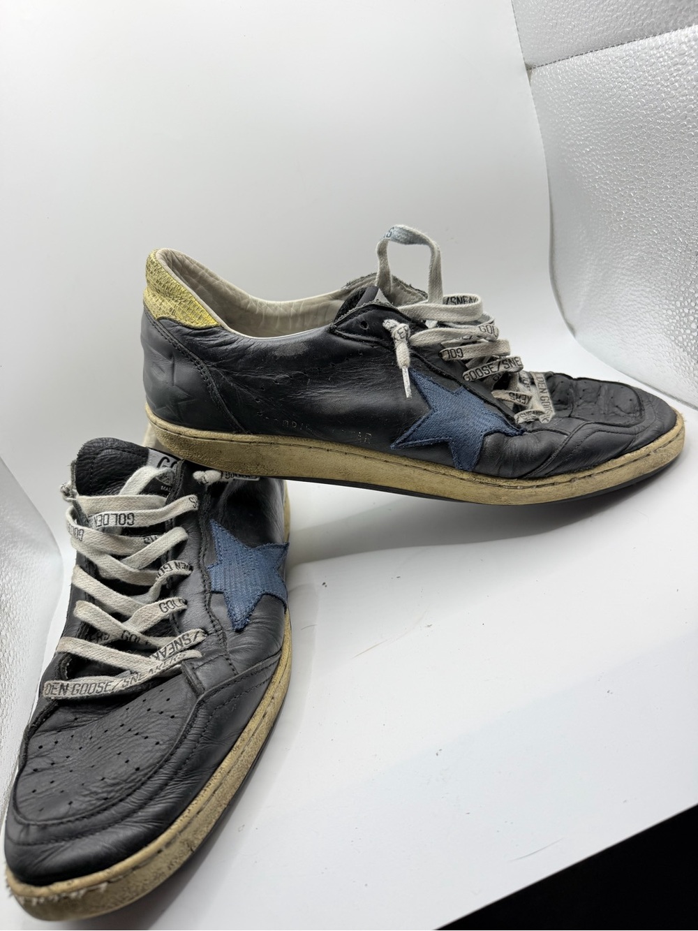Golden Goose Men’s Black Leather Sneakers with Blue Star and Yellow Heel Tab